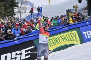 Ryan Cochran-Siegle celebrates in the finish area at the 2016 Nature Valley U.S. Alpine Championships at Sun Valley, Idaho last March. (file photo: U.S. Ski Team)