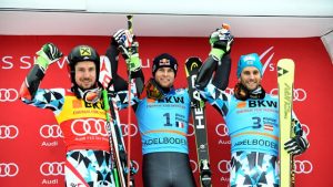 Saturday's giant slalom podium in Adelboden, Switzerland. (photo: FIS/Agence Zoom)