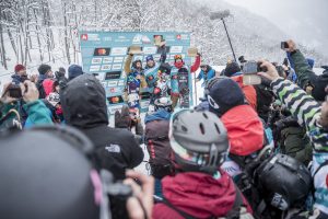 The Men's Snowboard podium in Hakuba. (photo: www.freerideworldtour.com/J Bernard)