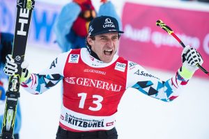 Austria’s Matthias Mayer celebrates his super G victory in Kitzbuehel on Friday. (photo: Getty Images/AFP-Jure Makovec via USSA)