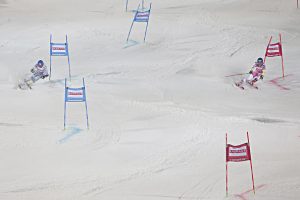 Veronika Velez Zuzulova of Slovakia and Mikaela Shiffrin battle head-to-head in the finals during the Audi FIS Alpine Ski World Cup city event in Stockholm. (photo: Getty Images/Agence Zoom-Alexis Boichard via USSA)