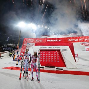 Linus Strasser and Mikaela Shiffrin celebrate their victories on Tuesday night in Stockholm, Sweden. (photo: FIS)