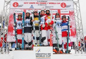 Saturday's World Cup moguls podium in Val St.-Côme, Québec, Canada. (photo: Freestyle Canada)