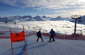 A thick layer of fog blankets the valley in St. Moritz, Switzerland on Thursday morning. (photo: FIS)