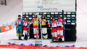 Saturday's World Cup moguls podium in South Korea. (photo: FIS)