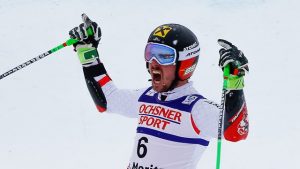 Austria's Marcel Hirscher celebrates a World Championship giant slalom gold in St. Moritz, Switzerland today. (photo: FIS/Agence Zoom)