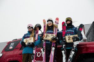 The women's slopestyle skiing podium at the 2017 Toyota U.S. Grand Prix at Mammoth Mountain, Calif. on Sunday. L to R: Johanne Killi (NOR), Maggie Voisin (USA) and Mathilde Gremaud (SUI) (photo: U.S. Freeskiing)