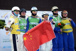 Saturday's World Cup Aerials podium in Minsk. (photo: FIS)