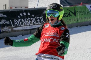 Michela Moioli (ITA) celebrates a win in Saturday's SBX World Cup in Feldberg, Germany. (photo: Oliver Kraus)