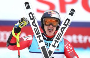 Canada’s Erik Guay celebrates his super G victory on Wednesday at the FIS Alpine World Ski Championships in St Moritz, Switzerland. (photo: Getty Images- Julian Finney via USSA)