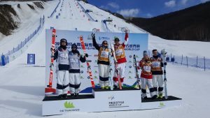 Sunday's World Cup dual moguls podium at Thaiwoo Ski Resort in China. (photo: FIS)