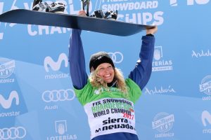 Vermont's Lindsey Jacobellis celebrates her fifth consecutive World Championship win at the 2017 FIS Snowboard World Championships on Sunday in Sierra Nevada, Spain. (photo: Chad Buchholz)