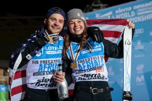 Ashley Caldwell and Jon Lillis celebrate gold in Sierra Nevada. (photo: Sierra Nevada - Pepe Marin)