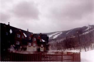 The Jordan Grand is one of two sprawling, all-amenities-included hotels at Sunday River. Virtually all of the resort’s 5,500-plus beds sit slopeside. Here, steam rises from the Jordan’s beautifully designed outdoor pool/hot tub.