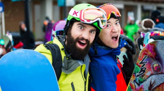 Shane Schroeder, left, with Alex Lee at Kicking Horse's season opening on Dec. 1. (photo: KHMR)