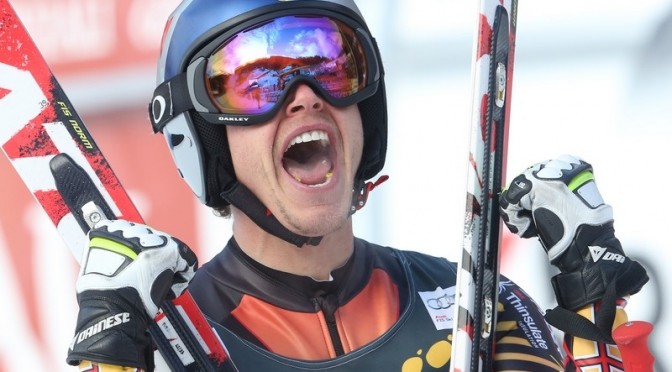 Canada's Erik Guay celebrates victory in Saturday's World Cup men's downhill in Val Gardena, Italy. (photo: Pentaphoto/Alpine Canada)