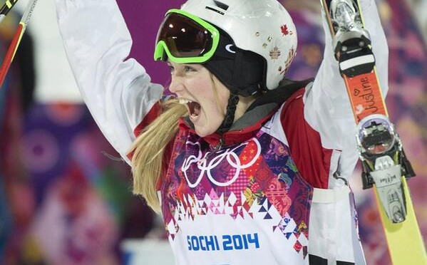 Justine Dufour-Lapointe celebrates Canada's first gold medal of the 2014 Olympic Winter Games, earned Saturday night in women's moguls. (photo: Canadian Olympic Team)