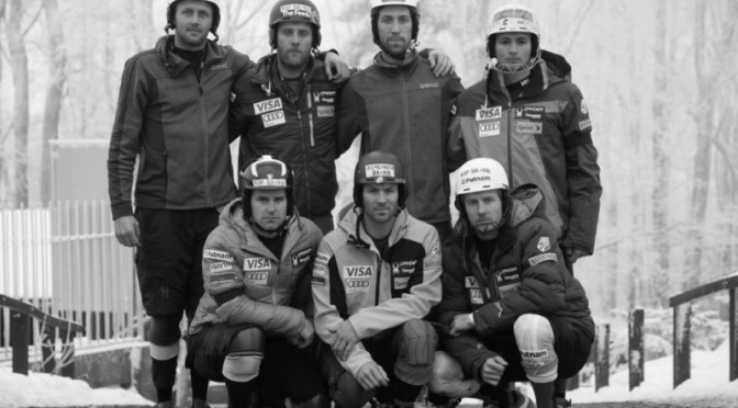 The seven U.S. men who competed in a World Cup slalom in Zagreb, Croatia on Tuesday night wear black arm bands and tape on their helmets to honor two fallen development prospects who died in an avalanche on Monday in Soelden, Austria. (photo: USST)