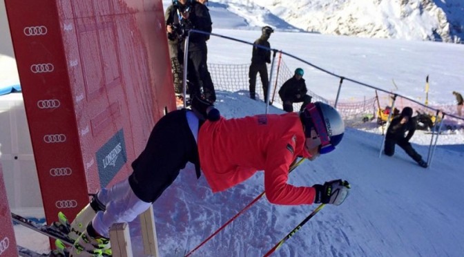 American ski racer Lindsey Vonn emerges from the starting gate during training in Soelden, Austria this week. She confirmed this morning, however, that she won't be leaving the starting gate during the World Cup season opening giant slalom on Saturday in Soelden. (photo: Lindsey Vonn/Facebook)