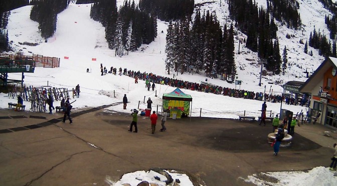 Skiers line up this morning at Arapahoe Basin's Black Mountain Express chair. (photo: Arapahoe Basin Ski Area)