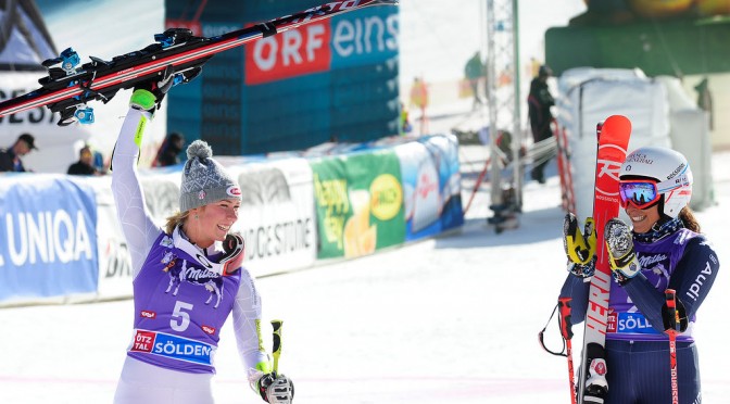 Mikaela Shiffrin celebrates a strong second run to finish second in the opening Audi FIS Ski World Cup in Soelden, Austria. (photo: U.S. Ski Team - Tom Kelly)