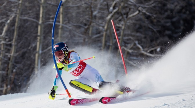 Mikaela Shiffrin, of Eagle, Colo., charges to victory in Saturday's World Cup Slalom at the Aspen Winternational in Aspen, Colo. (photo: Sarah Brunson/U.S. Ski Team)