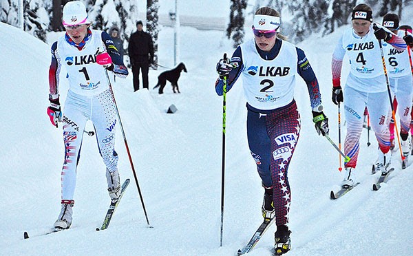 Sophie Caldwell (left) and Jessie Diggins charge hard during a classic sprint in Gaellivare, Sweden on Saturday. (photo: U.S. Ski Team)