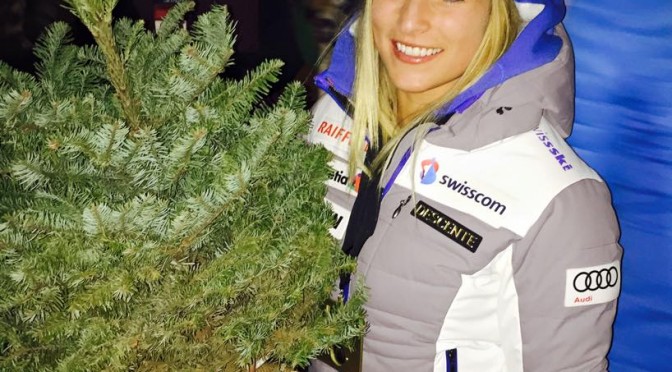 Giant Slalom winner Lara Gut of Switzerland shows off her Aspen Champions Grove tree that will be planted just off the Ruthies run at Aspen Mountain to honor her win on Friday, alongside the winners of each Aspen Winternational Slalom and Giant Slalom race. (photo: Aspen Snowmass)