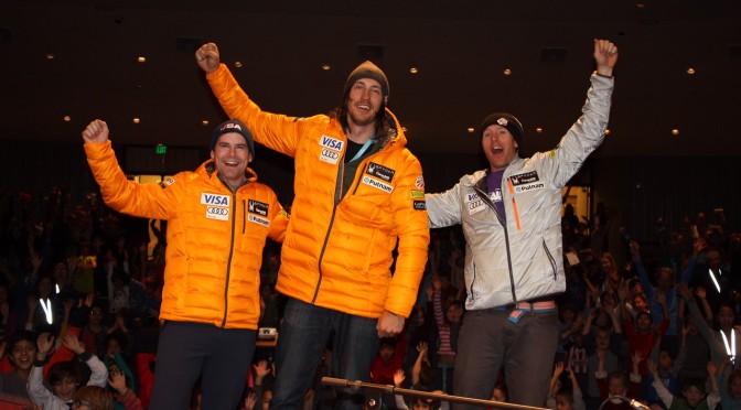 Nolan Kasper, Bryce Bennett and Marco Sullivan visit Homestake Peak School this week in Vail, Colo. (photo: USST)