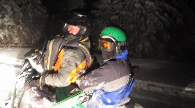 A member of South Cariboo Search & Rescue transports a lost skier near Mt. Timothy Ski Area in British Columbia on Sunday morning. (photo: Facebook)