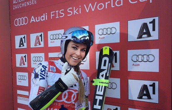 Lindsey Vonn gives the thumbs up after moving atop the leaderboard during Sunday’s super G. (photo: USSA)