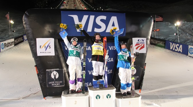 The women's World Cup Dual Moguls podium at Deer Valley Resort in Park City, Utah, on Saturday night. (photo: Chad Buchholz/FIS)