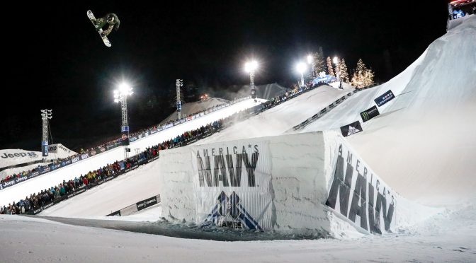 Hailey Langland stomped a Cab double cork 1080 in Thursday night's Snowboard Big Air, the first time that trick has been landed during X Games competition. (photo: Chris Tedesco/ESPN)