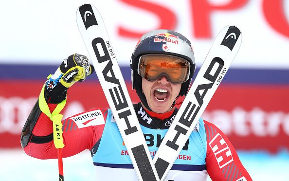 Canada’s Erik Guay celebrates his super G victory on Wednesday at the FIS Alpine World Ski Championships in St Moritz, Switzerland. (photo: Getty Images- Julian Finney via USSA)