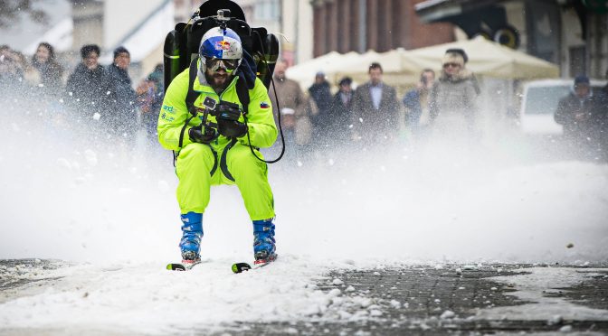 Freeskier Filip Flisar uses a jetpack to speed through the streets of Maribor, Slovenia. (photo: Samo Vidic/Red Bull Content Pool)